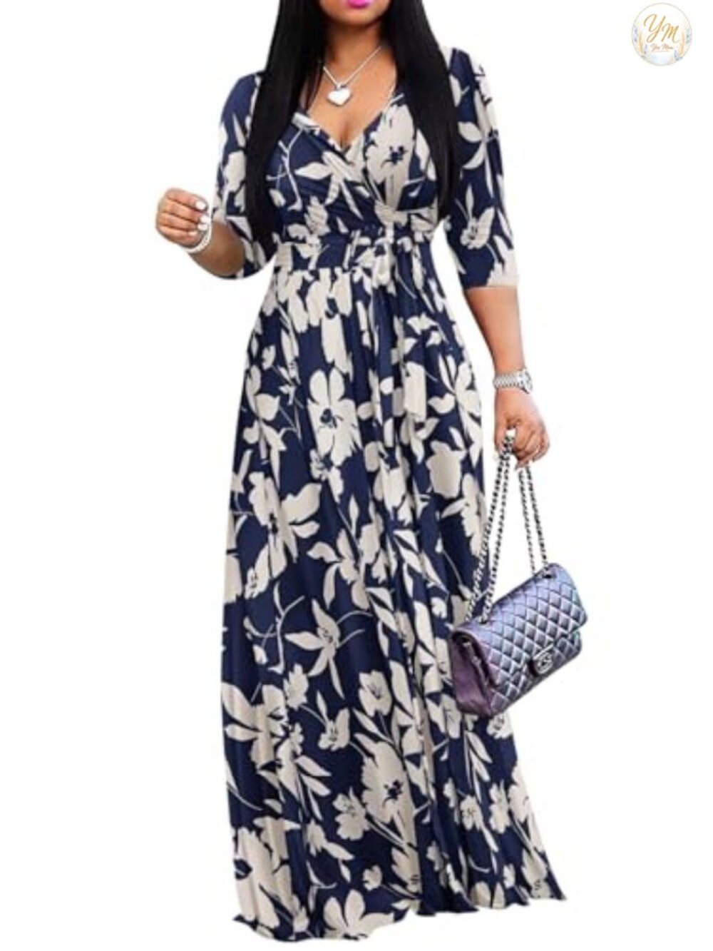 Women's Plus Size Wrap V-Neck 3/4 Sleeve Maxi Dress with Pockets